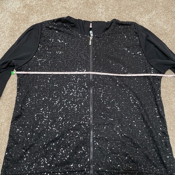 NWOT Quacker Factory XL Black 3/4 Sleeve Sequin Scroll Knit Jacket with Hood - Picture 13 of 15